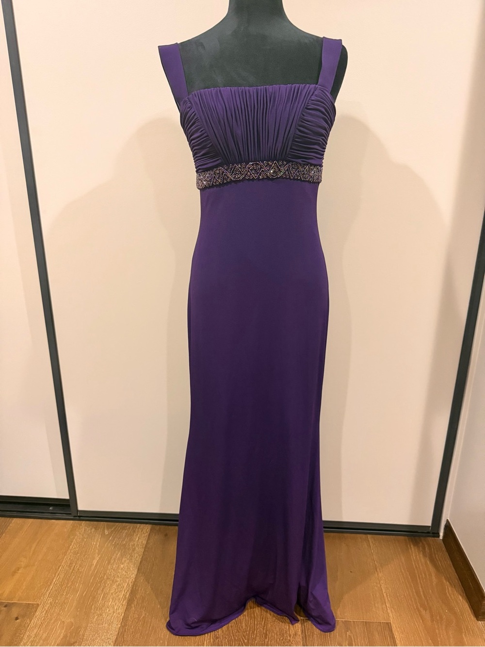 JS Boutique Purple Ruched Bodice Formal Evening Gown with Beaded Waist Detail